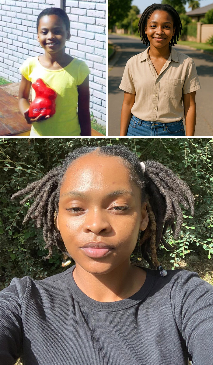 Young woman shown in a childhood photo and recent pictures, illustrating age progression with ChatGPT predictions.