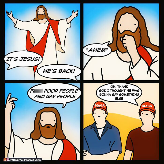 Dark and twisted comic by Miles Erickson featuring controversial humor about Jesus and political commentary.