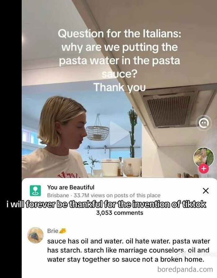 Person cooking pasta with a humorous meme about pasta water and sauce, part of funny memes to lighten a hard day.