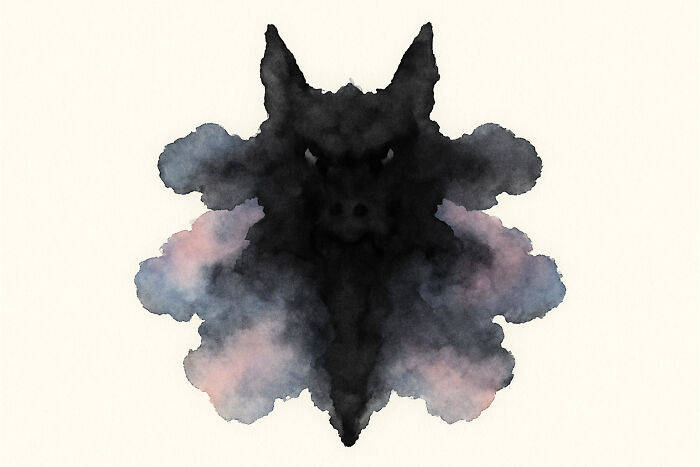 Rorschach inkblot test image in black and gray tones used for psychological perception and analysis poll.