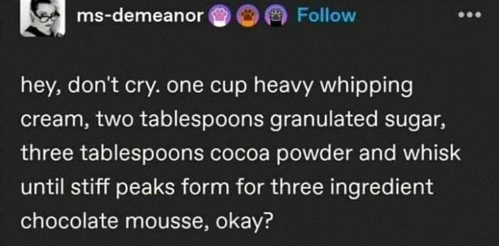Text post from a Facebook group connecting people who don’t fully relate to Millennials or Gen Z, sharing a chocolate mousse recipe.