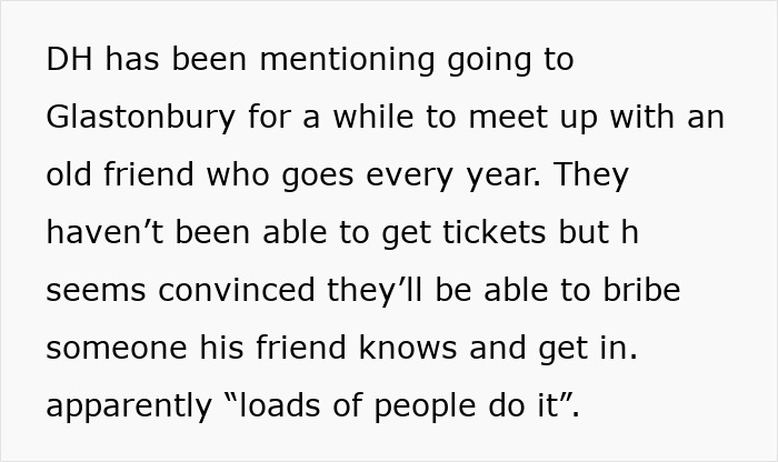 Text excerpt about a dad planning to get Glastonbury tickets by bribing a friend, despite challenges.