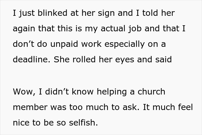 Text excerpt showing a freelancer explaining they don&rsquo;t do unpaid work despite pressure from a church member.