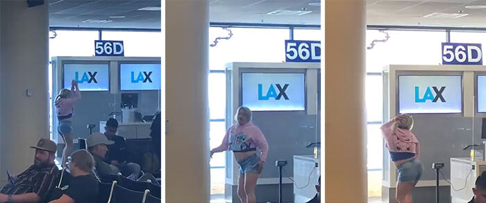 Influencer performing wild antics at airport gate 56D for views, drawing attention and controversy from travelers nearby.