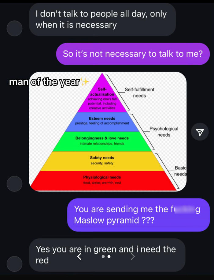 Screenshot of a humorous text exchange involving the Maslow pyramid with men of the year nomination theme.