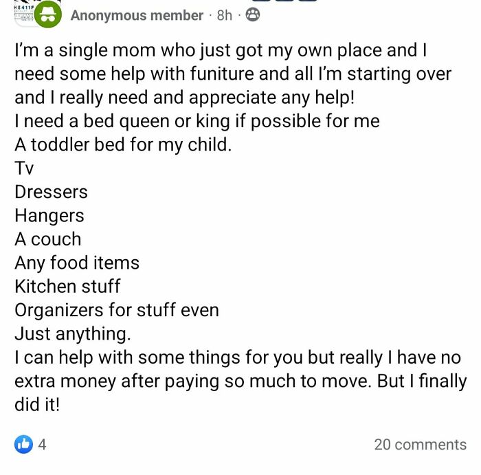 Single mom requesting furniture and household items, expressing need for help after moving with limited funds.