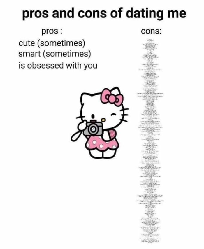 Relatable meme showing pros and cons of dating, featuring Hello Kitty holding a camera with funny cons listed.