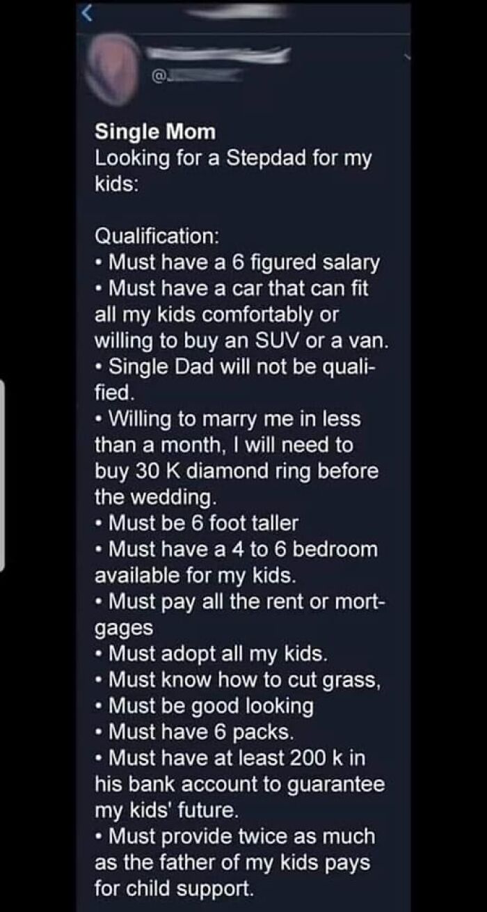 Social media post listing demanding qualifications for a stepdad, illustrating exhausting relationship expectations.