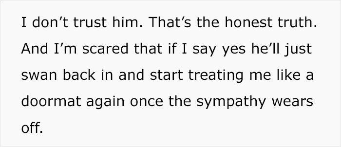 Text image showing a woman expressing distrust and fear of being treated like a doormat again by a man who regrets leaving his wife.