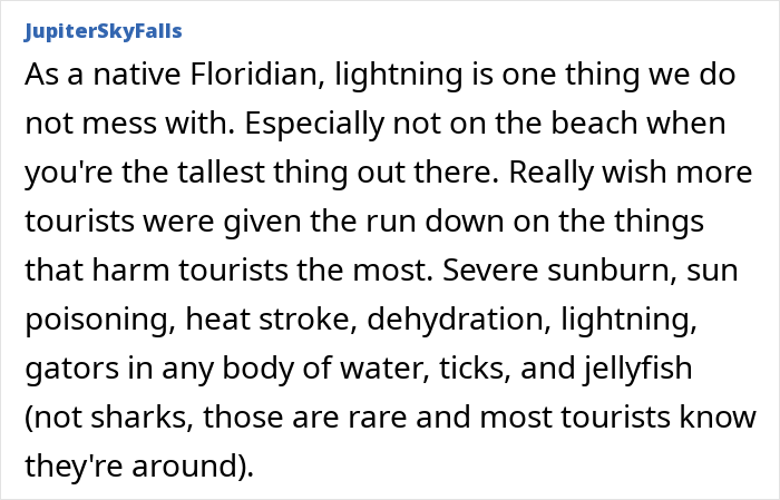 Comment discussing dangers tourists face near water including lightning, jellyfish, and alligators, related to honeymoon tragedy SEO keywords.