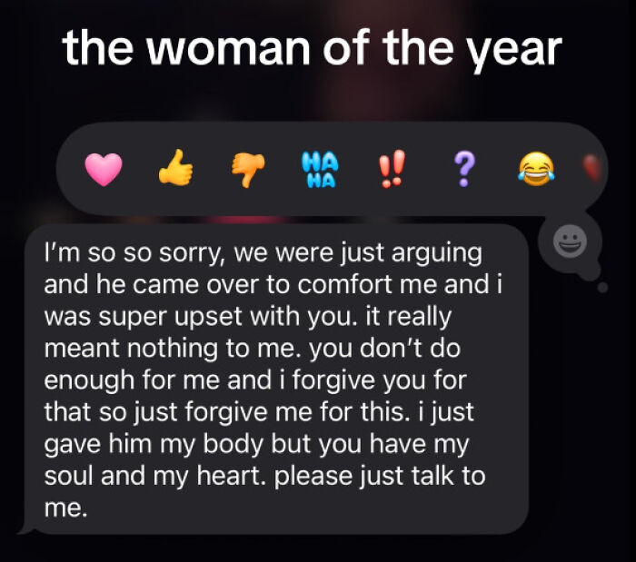 Text message screenshot with emotional apology showing a chaotic relationship scene from women nominating men of the year.