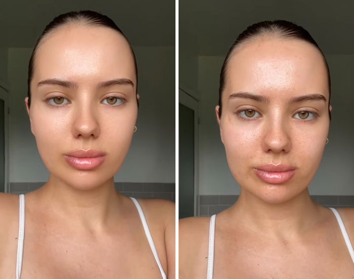 Side-by-side comparison of a woman showing the difference in appearance with filters versus without filters on her face.