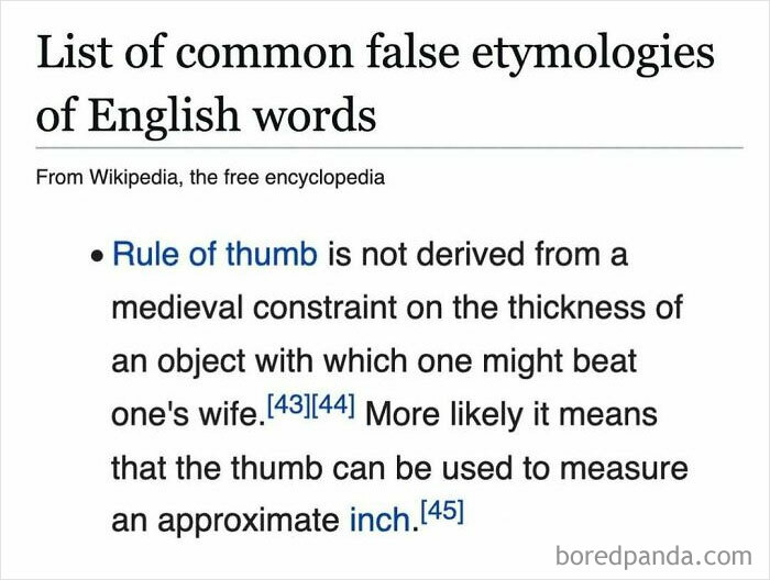 Snippet from a Wikipedia article showing common false etymologies of English words with interesting facts.