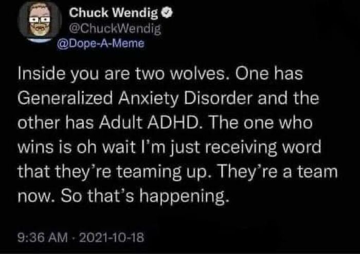 Relatable meme about battling Generalized Anxiety Disorder and Adult ADHD teaming up inside you.