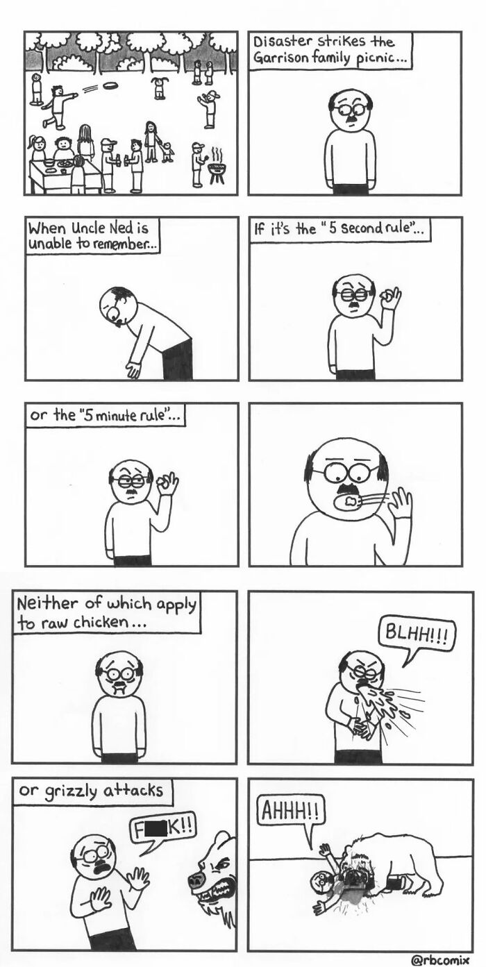 Comic strip from Rustedboot Comics showing dark humor with a family picnic, raw chicken, and a grizzly bear attack.