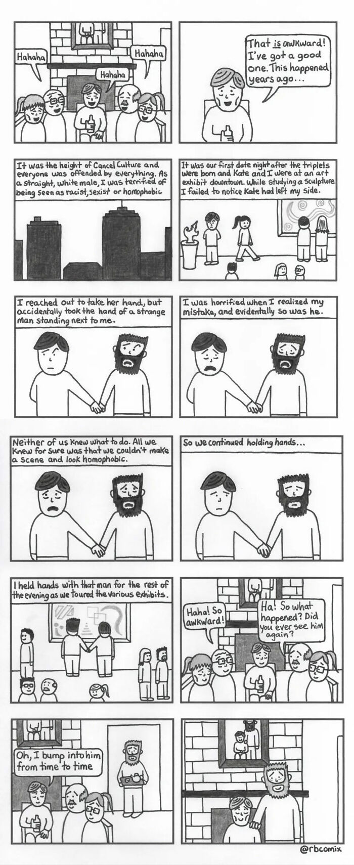 Black and white Rustedboot comic strip illustrating awkward hand-holding at an art exhibit with dark humor elements.