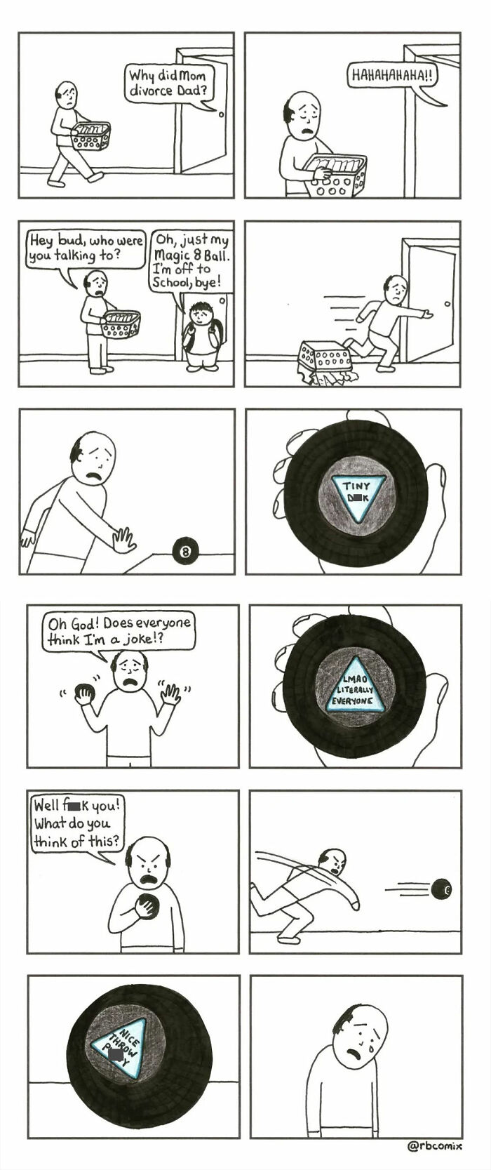 Comic strip by Rustedboot Comics showing dark humor with a man talking to a Magic 8 Ball giving harsh replies.