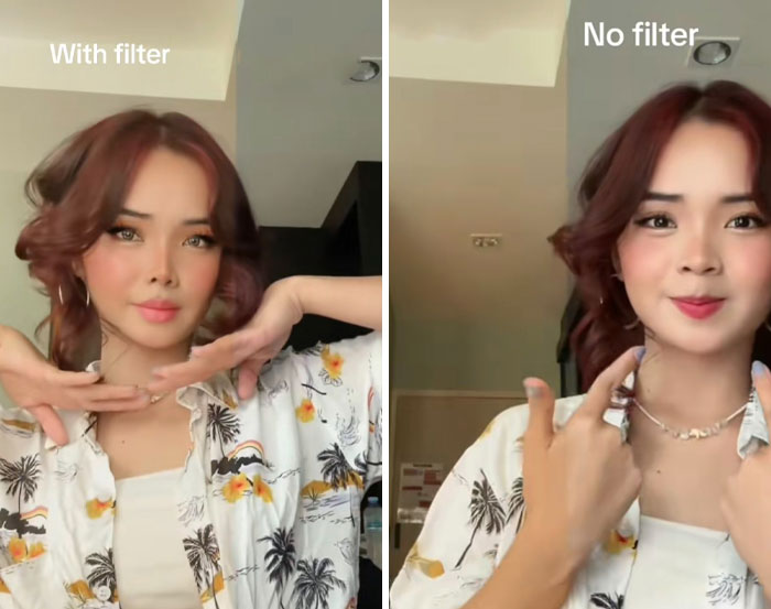 Young woman showing her appearance with filters vs without filters in a side-by-side comparison photo.