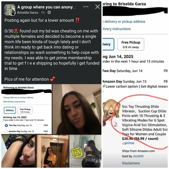 Social media post of an entitled single mom sharing selfies and Amazon order details highlighting NEED not a want theme.