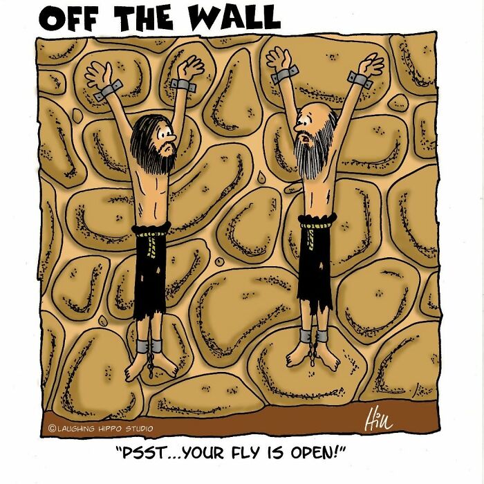 Cartoonist humor in offbeat comics capturing dungeon fails with two prisoners chained to a stone wall in a dungeon.