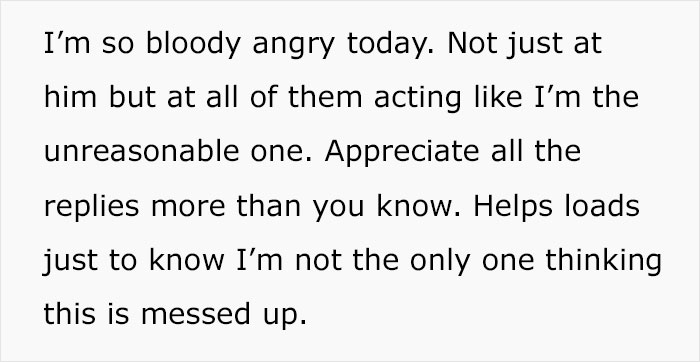 Text message expressing anger and frustration about being blamed and feeling supported by others in a difficult situation.