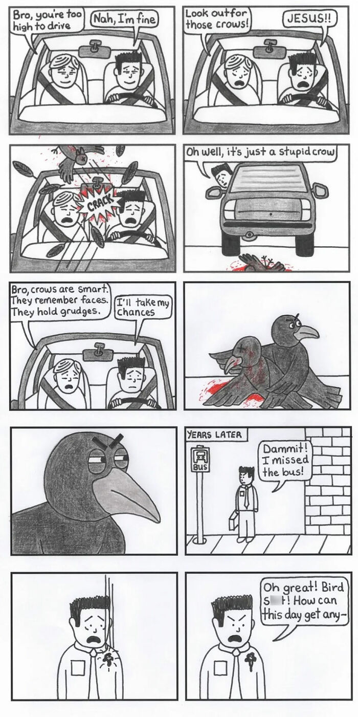Dark humor comic by Rustedboot Comics showing a man hit by a crow and dealing with its lasting grudge.