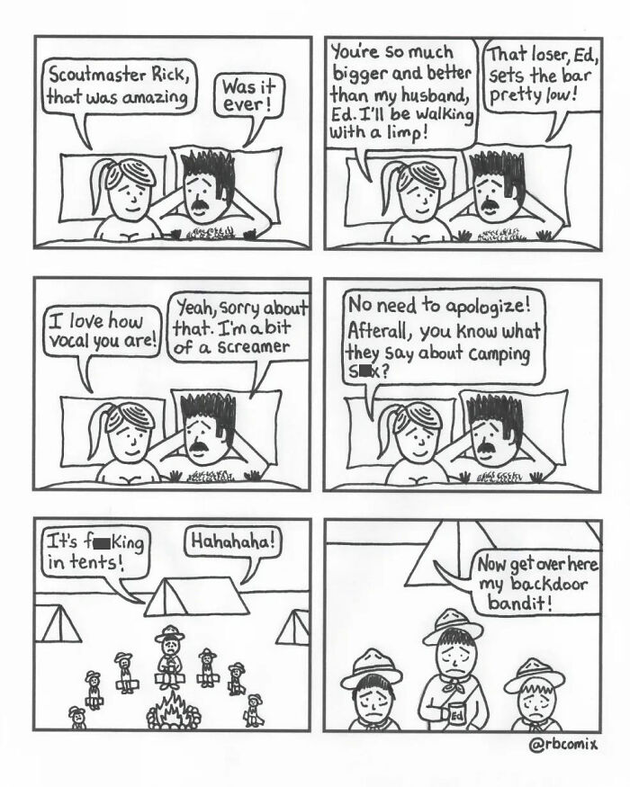 Black and white Rustedboot Comics cartoon featuring a camping scene with dark humor dialogue between characters.
