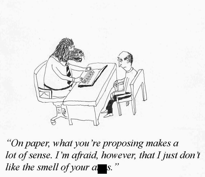 Artist draws mundane moments with absurd twists showing a lion-headed figure discussing with a man at a desk.