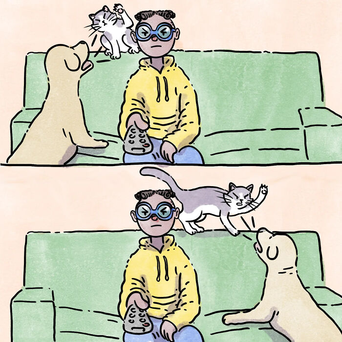 Person in yellow hoodie with dog and cat on couch in a wordless comic about life with a dog and a cat.