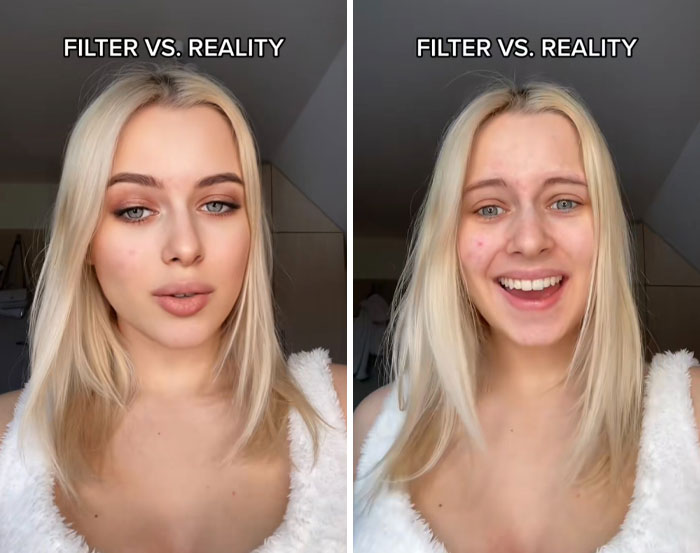 Young woman showing filter vs reality comparison in selfies, highlighting differences with and without filters in photo editing.