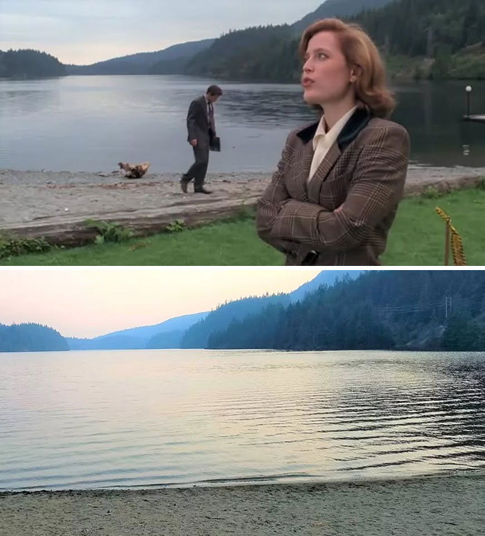 Man visits real-life movie and TV classic locations showing a lake and forest setting with a beach shoreline.