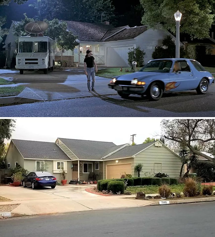 Side-by-side comparison of a classic movie location at night and the same real-life house as it looks now during the day.