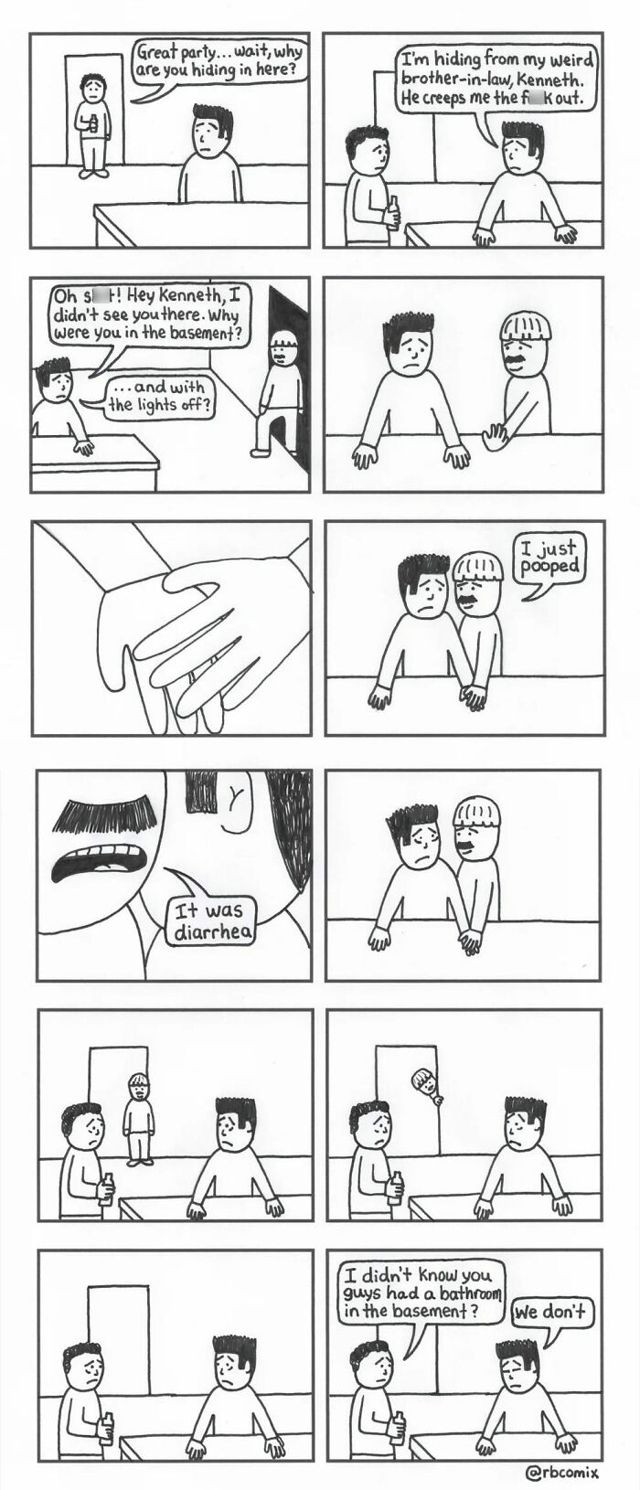 Black and white comic strip by Rustedboot Comics showing awkward basement bathroom humor with dark humor theme.