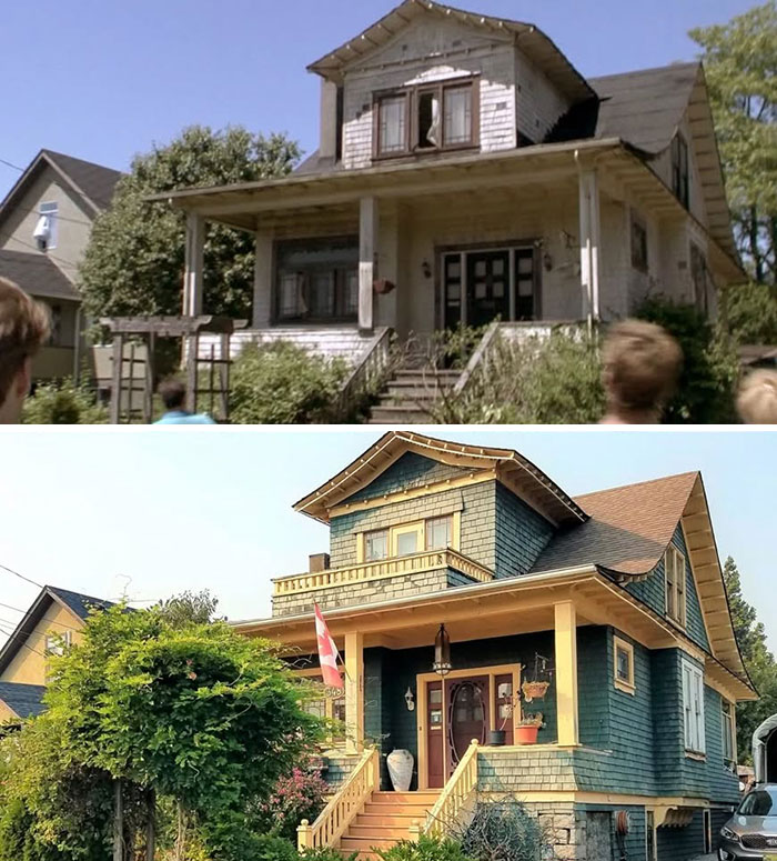 Side-by-side comparison of a real-life movie location house, showing its original and restored appearance today.