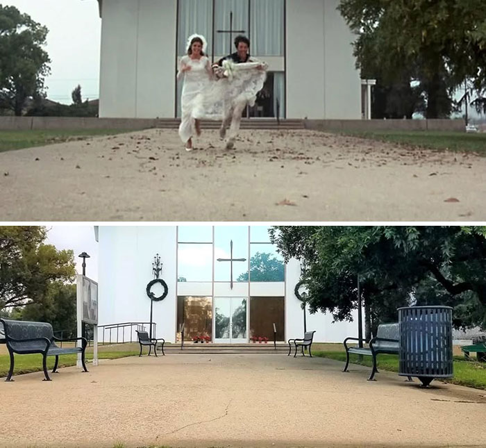 Scene from classic movie with bride and groom running, paired with current photo of the same real-life filming location.