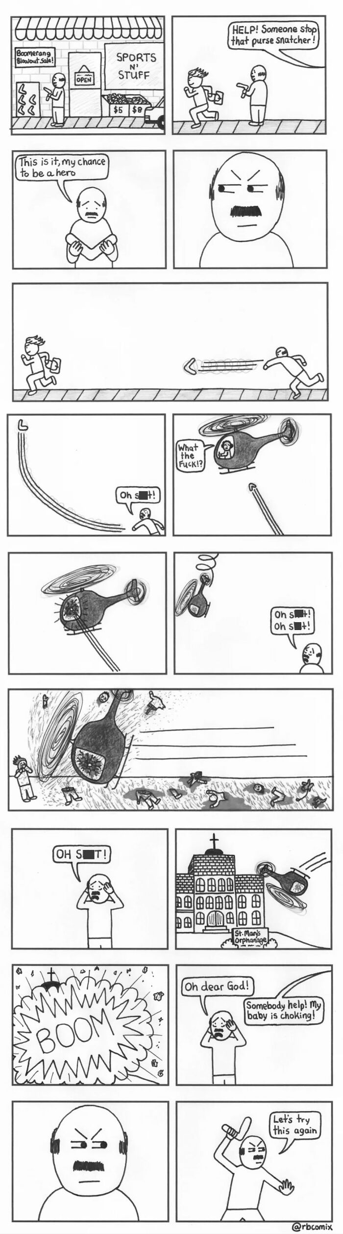 Black and white comic by Rustedboot Comics depicting dark humor with a failed hero, chaos, and an exploding helicopter.