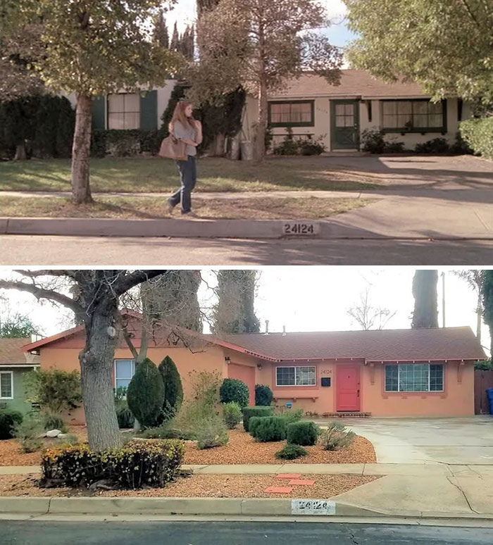 Comparison of real-life locations from movie and TV classics showing changes in house appearance over time.