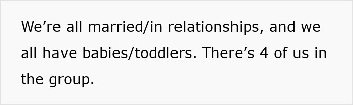 Text on image about friendship group mentioning marriage, relationships, and having babies or toddlers among four friends in the group.