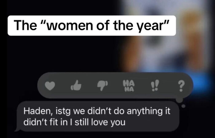 Screenshot of a chaotic text message, part of women posting insane and unhinged screenshots nominating men of the year.