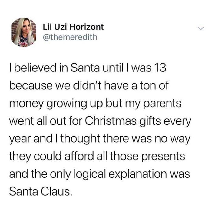 Screenshot of a social media post sharing a wholesome story about believing in Santa and family Christmas gifts.