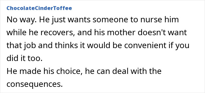 Comment text about a man regretting leaving his wife after ending up in the hospital, discussing recovery needs.