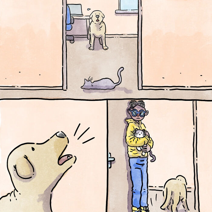 Watercolor comic panels showing life with a dog and a cat, capturing heartfelt pet moments without words.