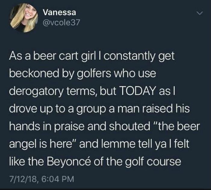 Social media post sharing a feel-good story about kindness experienced by a beer cart girl on a golf course.