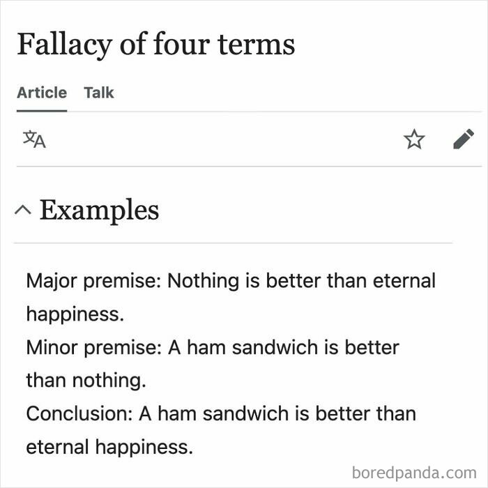Screenshot of Wikipedia article titled Fallacy of four terms displaying an example of a humorous logical fallacy snippet.