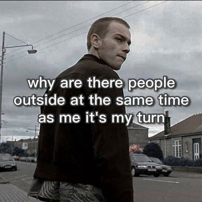 Relatable meme showing a young man outside with text about people being outside at the same time, relatable memes concept.