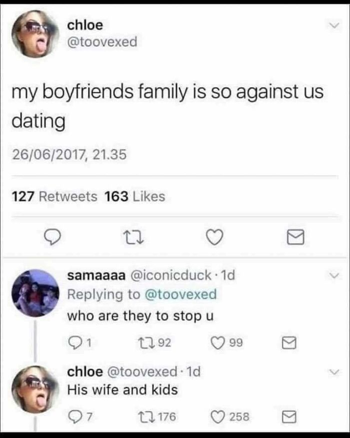 Screenshot of a humorous Twitter exchange highlighting exhausting relationship challenges and complicated dating situations.