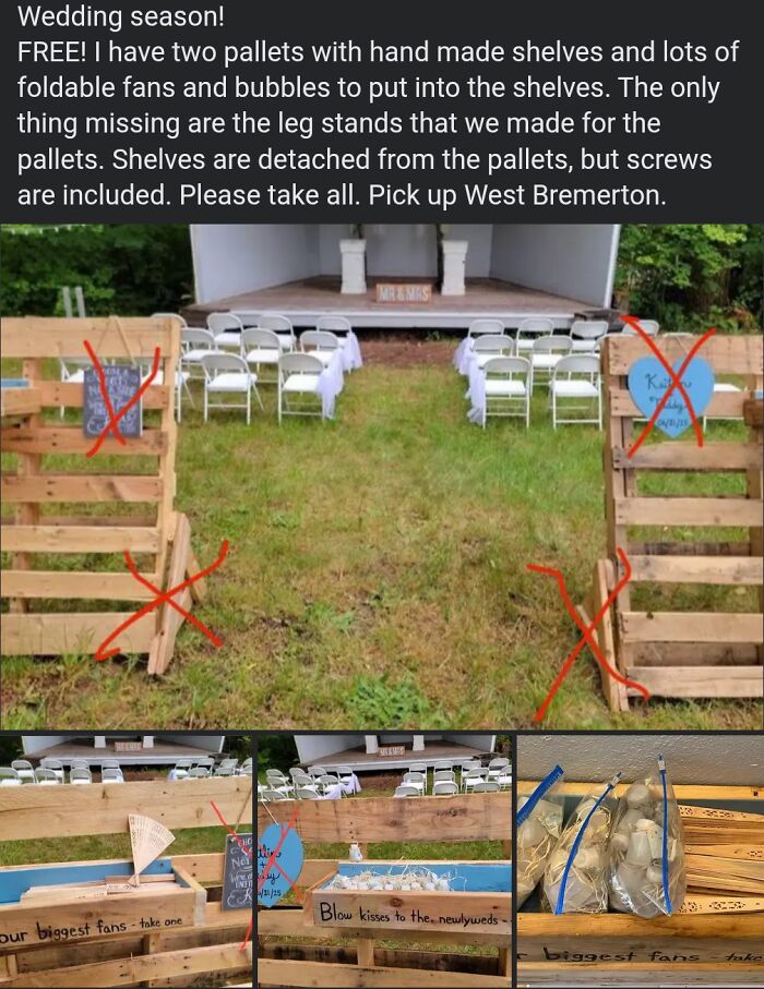 Handmade wooden pallet wedding decor with shelves and fans, an example of netizens shaming horrible crafts.