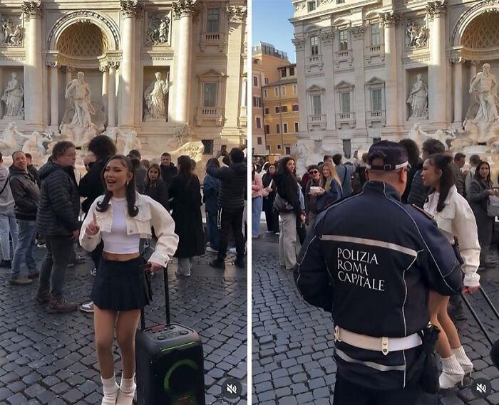 Influencer performing wildly for views at a crowded historic site confronted by local police in Rome.