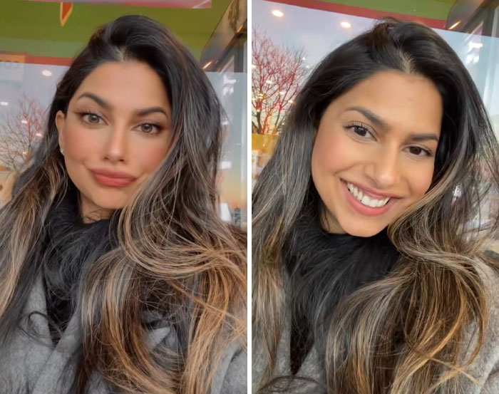 Woman showing the difference in appearance with filters versus without filters, highlighting natural beauty and filter effects.