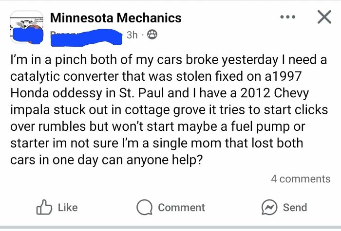 Facebook post from a single mom seeking help to fix two broken cars, highlighting entitled single moms and car troubles.